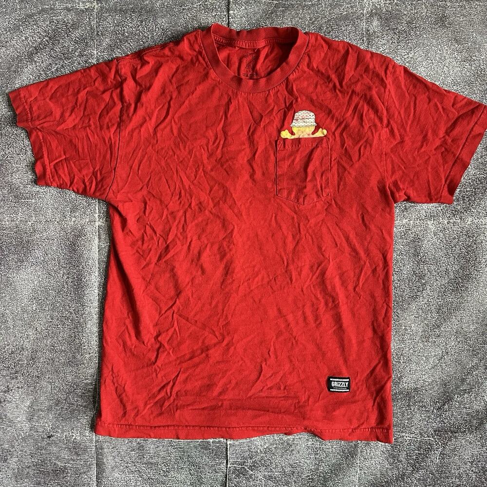 Men's Grizzly Skateboarding Tape Classic Bear Pocket Red Graphic T Shirt Sz L